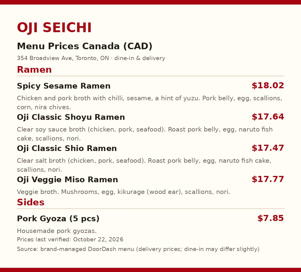 oji seichi menu prices, current Oji Seichi Canada menu card with ramen bowl prices in CAD