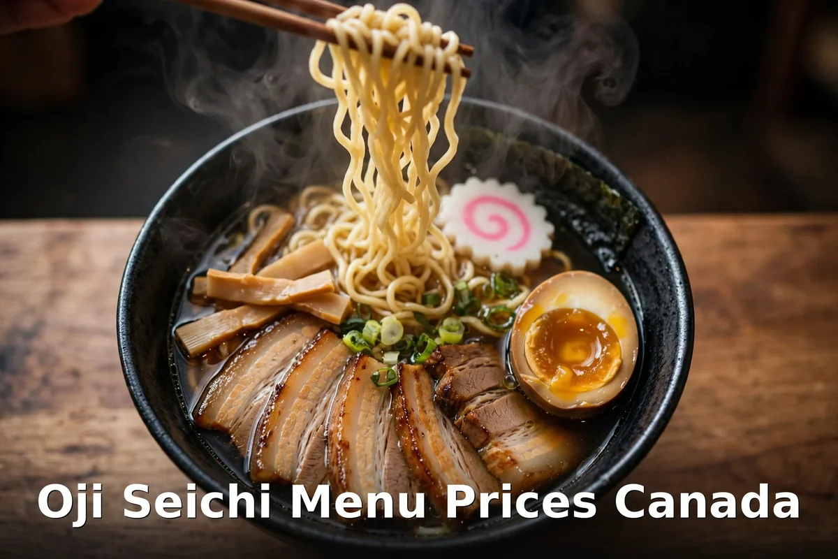 Oji Seichi menu prices Canada 2026: AI-generated steaming ramen bowl, Oji Seichi spicy sesame ramen
