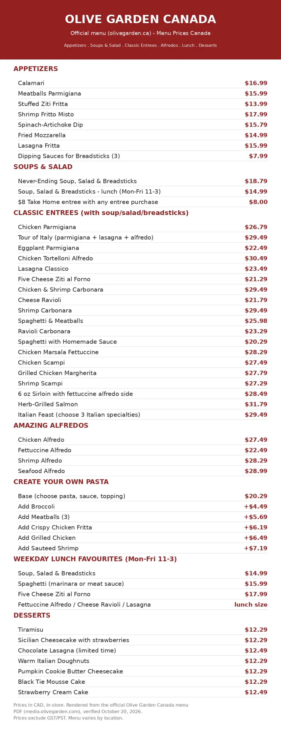 Olive Garden menu prices Canada: current Canadian menu card with appetizers, classic entrees, alfredos, lunch specials and desserts in CAD
