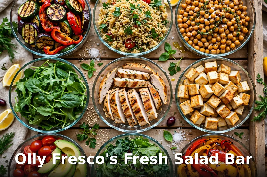 Olly Fresco's fresh salad bar with grilled chicken, roasted vegetables and grain bowls, olly fresco's salad bar price