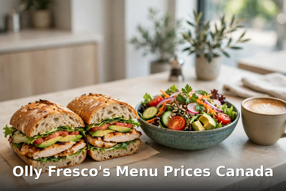 Olly Fresco's menu prices Canada 2026: chicken avocado sandwich, fresh salad and latte at Toronto sandwich market