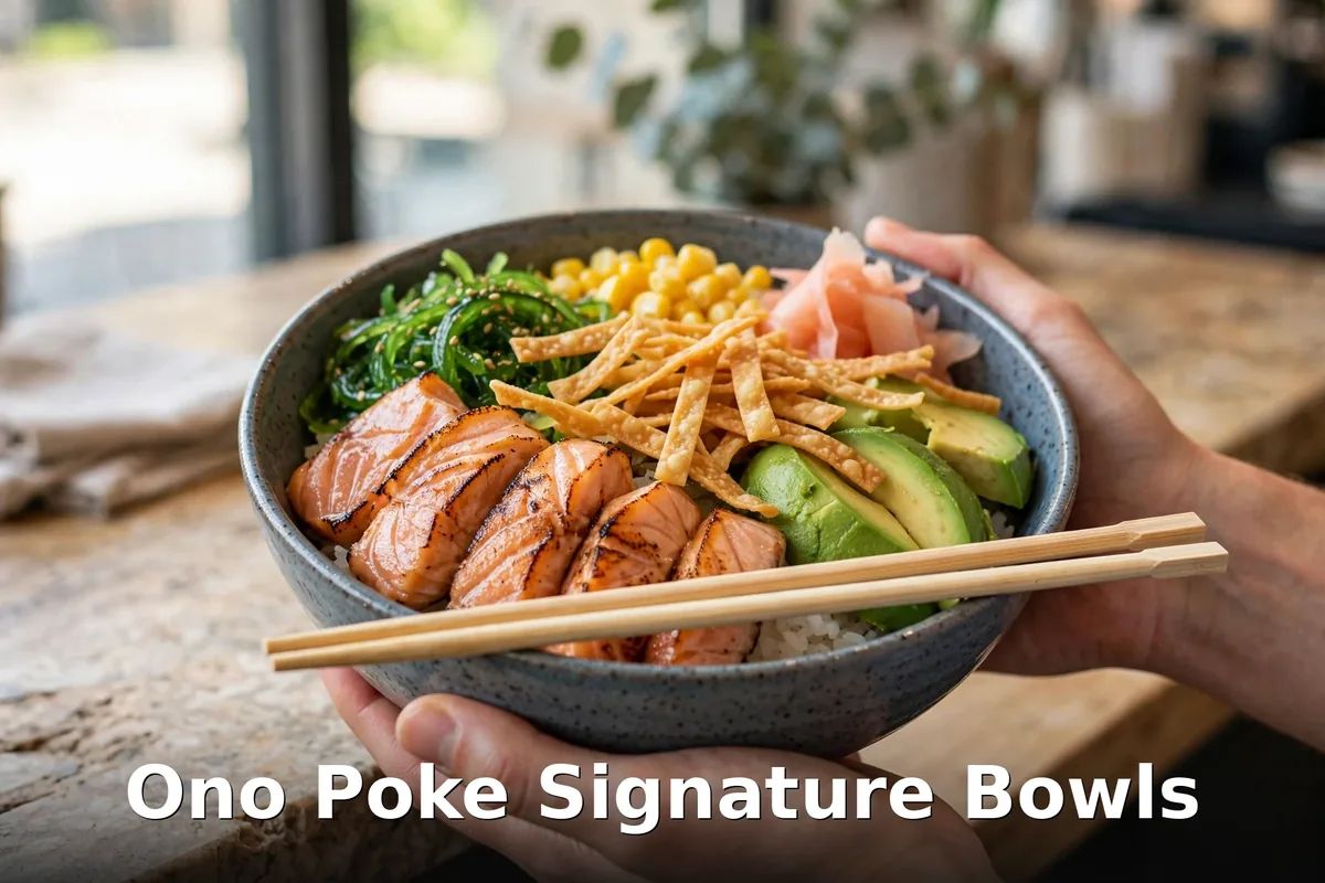 Ono Poke signature bowl with torched salmon, avocado, seaweed salad, wonton strips and chopsticks, ono poke signature bowls canada