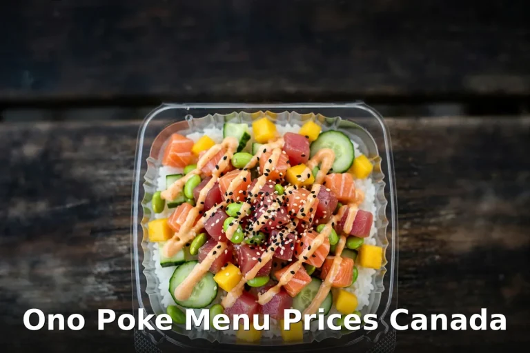 Ono Poke menu prices Canada 2026: AI-generated fresh poke bowl with salmon, tuna, mango, cucumber and sesame seeds in a takeaway container, ono poke menu prices