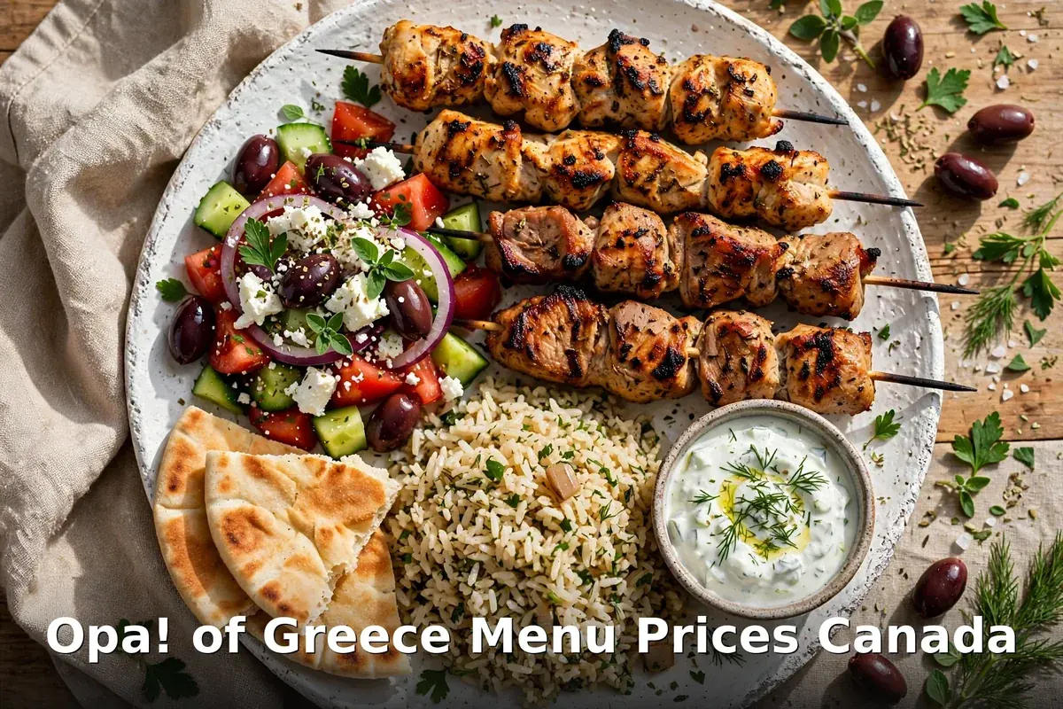 Opa! of Greece menu prices Canada 2026: souvlaki skewers, pita wrap and Greek platter on a rustic table