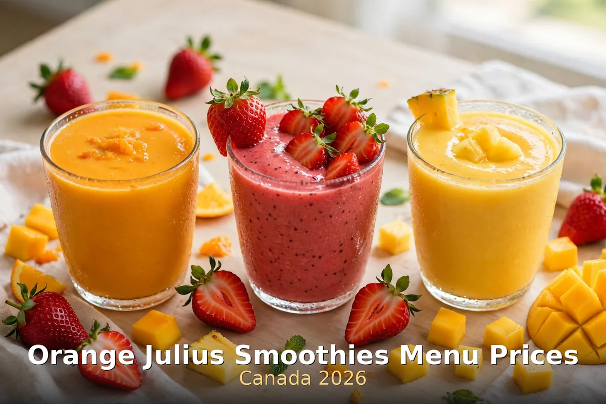 Orange, strawberry and mango fruit smoothies with fresh fruit, orange julius smoothies menu prices canada