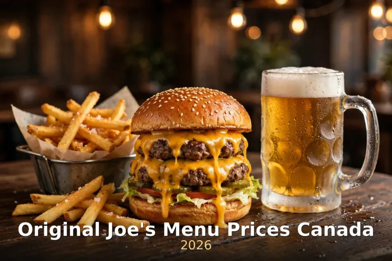 Original Joe's menu prices Canada 2026: pub burger with fries and beer