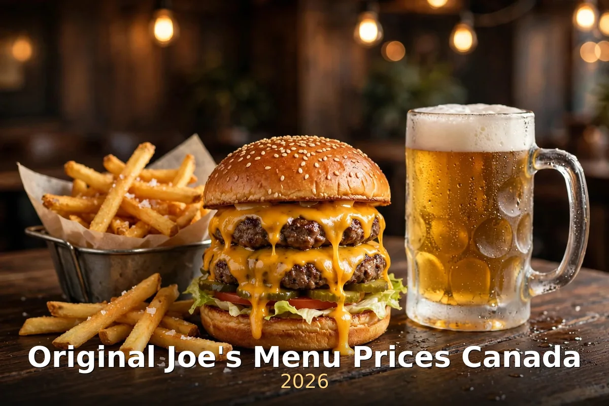 Original Joe's menu prices Canada 2026: pub burger with fries and beer