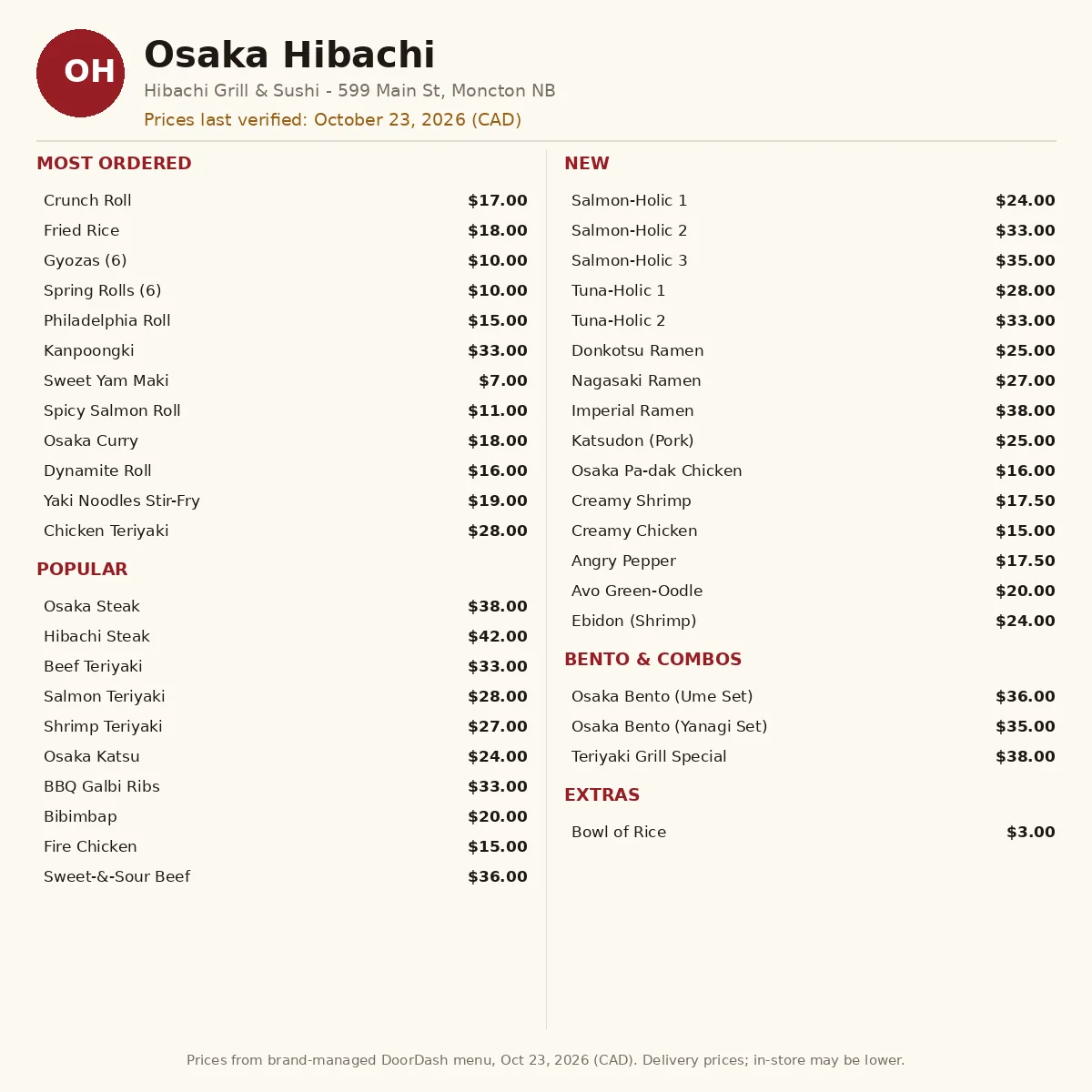 Osaka Hibachi menu prices Canada current menu card price guide