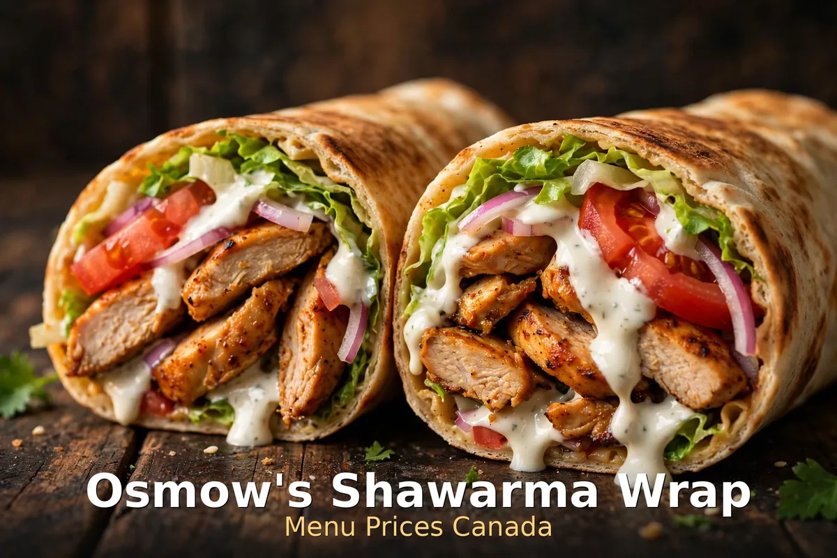 Chicken shawarma wrap with garlic sauce and pickles, Osmow's chicken shawarma wrap price Canada