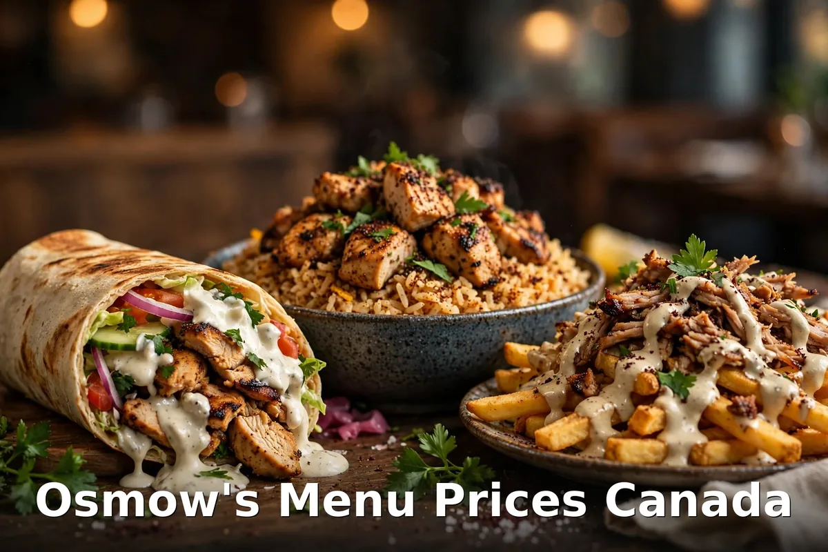 Osmow's shawarma on seasoned rice with garlic sauce and pickles, osmow's menu prices canada 2026