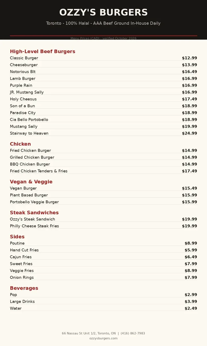 Ozzy's Burgers menu card Canada 2026: official menu items with burgers, chicken, sides and prices in CAD, ozzy's burgers menu prices canada