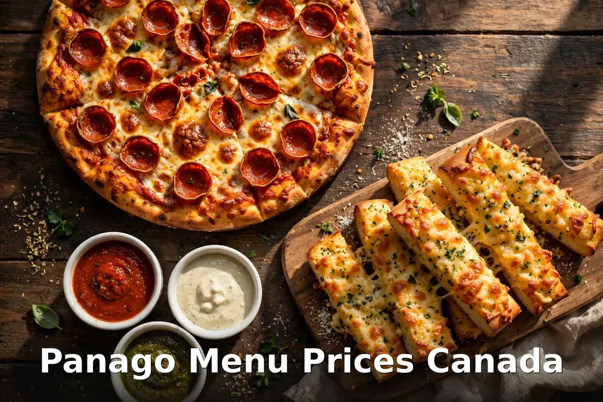 Panago Menu Prices Canada 2026: cupperoni pizza with garlic cheezy bread sticks and dipping sauces on a rustic wooden table