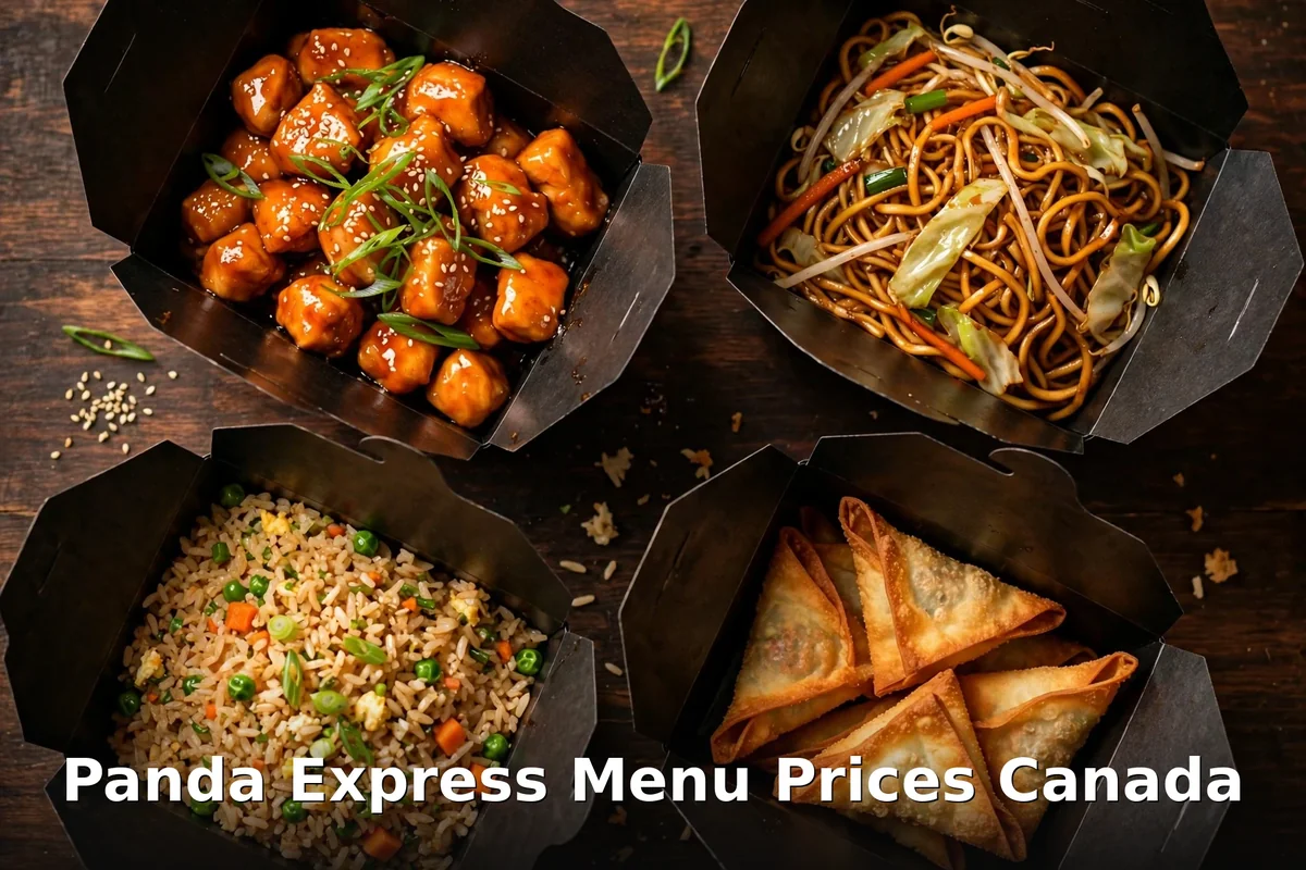 Panda Express menu prices Canada 2026: orange chicken, chow mein, fried rice and cream cheese rangoons in takeout boxes