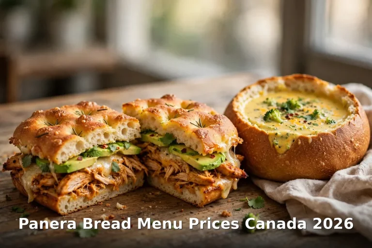 Panera Bread menu prices Canada 2026: sandwich, soup and salad combo on a bakery-café table