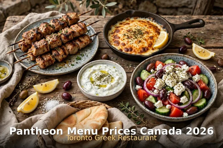 Pantheon menu prices Canada 2026 featured: AI-generated Greek souvlaki spread with pita, salad and dips