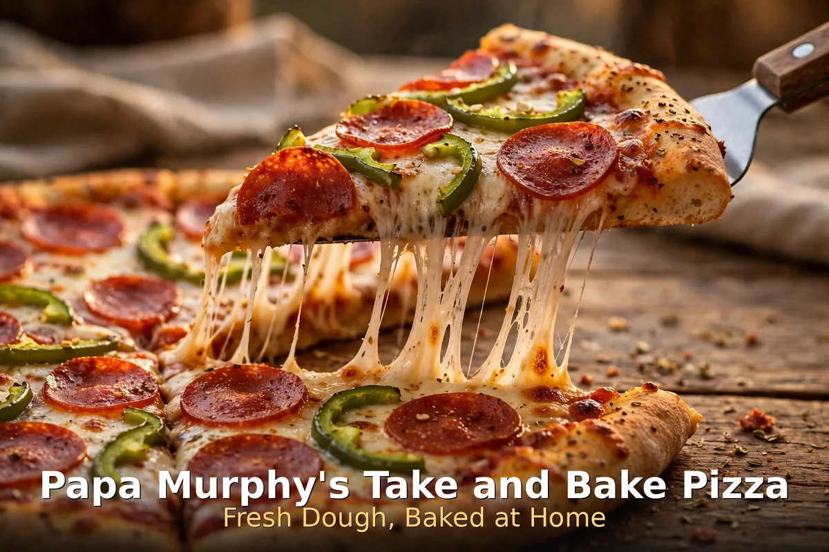 Papa Murphy's take and bake pizza slice with a cheese pull, fresh dough baked at home, papa murphys menu prices canada