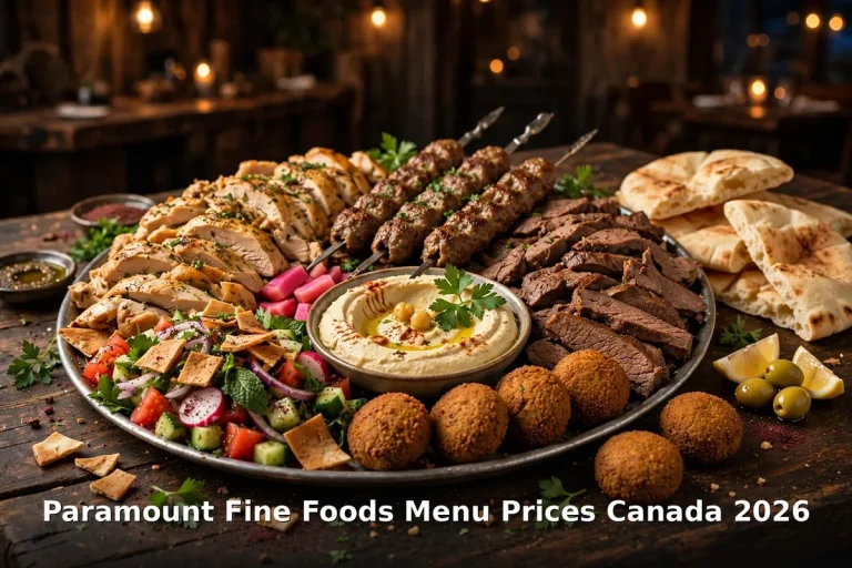 Paramount Fine Foods menu prices Canada 2026: mixed grill platter with shawarma, kafta, falafel, hummus and pita