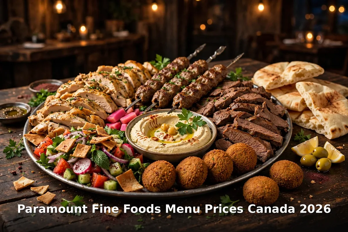 Paramount Fine Foods menu prices Canada 2026: mixed grill platter with shawarma, kafta, falafel, hummus and pita