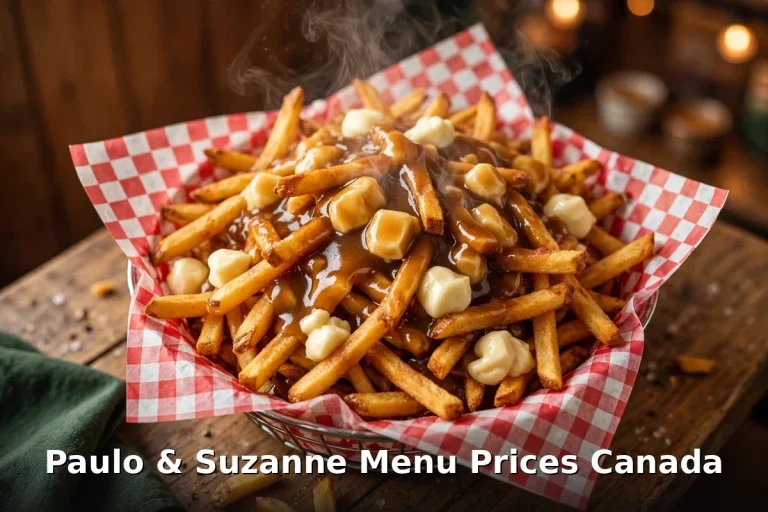 Paulo & Suzanne menu prices Canada 2026 featured: AI-generated poutine food photo with keyword text overlay