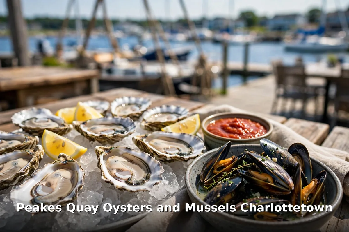 Fresh P.E.I. oysters on ice and Island mussels at Peakes Quay Charlottetown waterfront, peakes quay menu prices