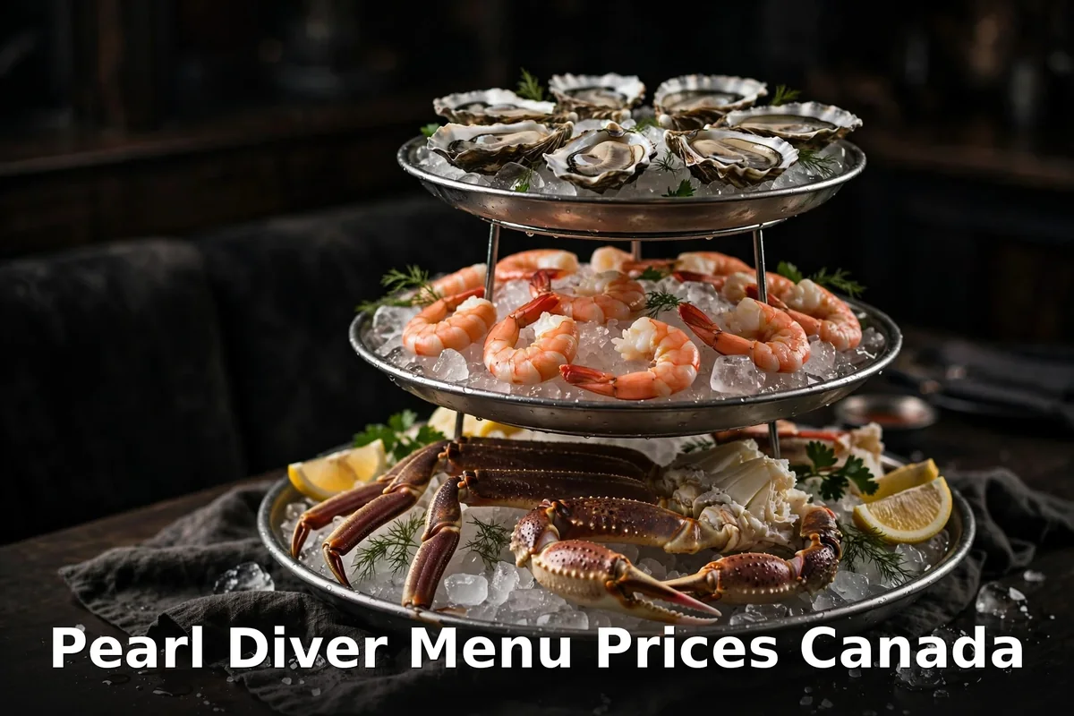 AI-generated seafood tower with oysters, shrimp and crab on ice, pearl diver menu prices canada 2026