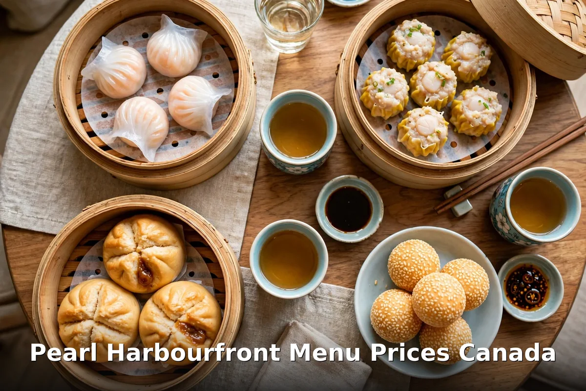 Cantonese dim sum in bamboo steamers with tea, Pearl Harbourfront menu prices Canada 2026