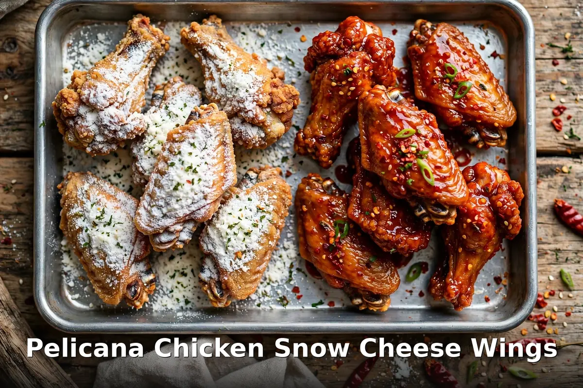 Pelicana chicken menu prices Canada: Snow Cheese dusted wings and spicy glazed wings on a tray