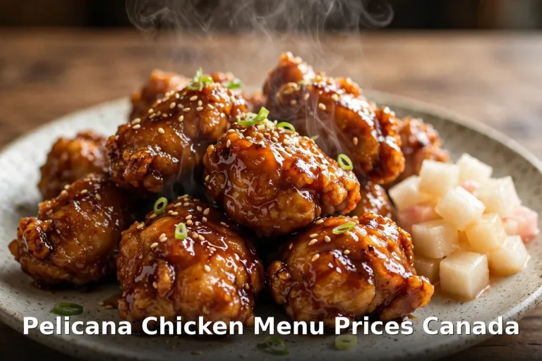 Pelicana chicken menu prices Canada: steaming plate of Korean fried chicken with sesame and pickled radish