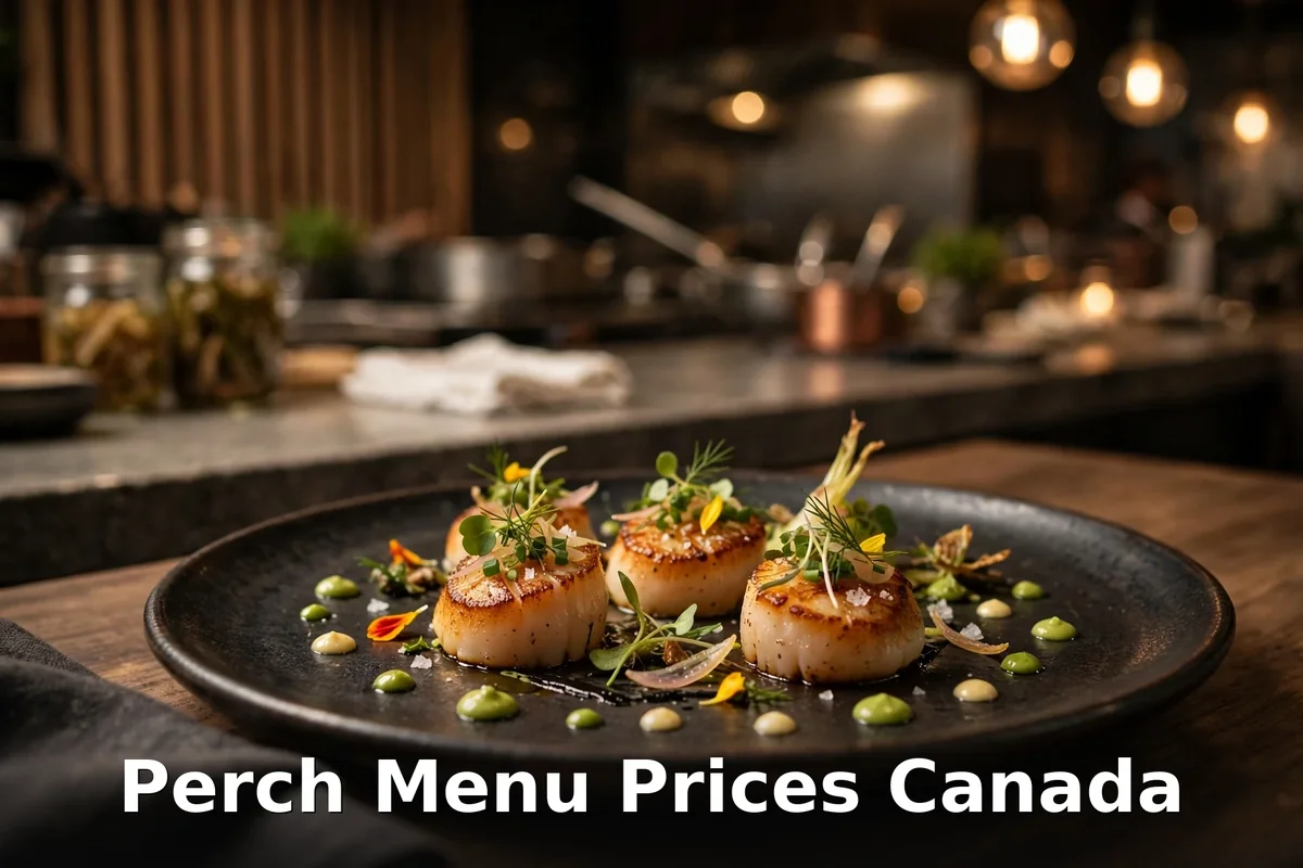 Perch menu prices Canada, Ottawa fine dining tasting plate with seared scallops in a dark dining room