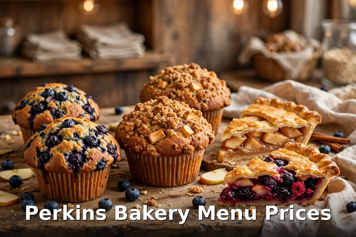 Perkins Bakery menu prices Canada: fresh muffins and pie slices with Perkins Bakery Menu Prices overlay