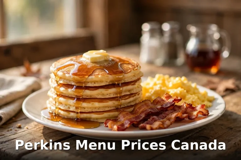 Perkins menu prices Canada 2026: buttermilk pancake stack with bacon and eggs, Perkins Menu Prices Canada overlay