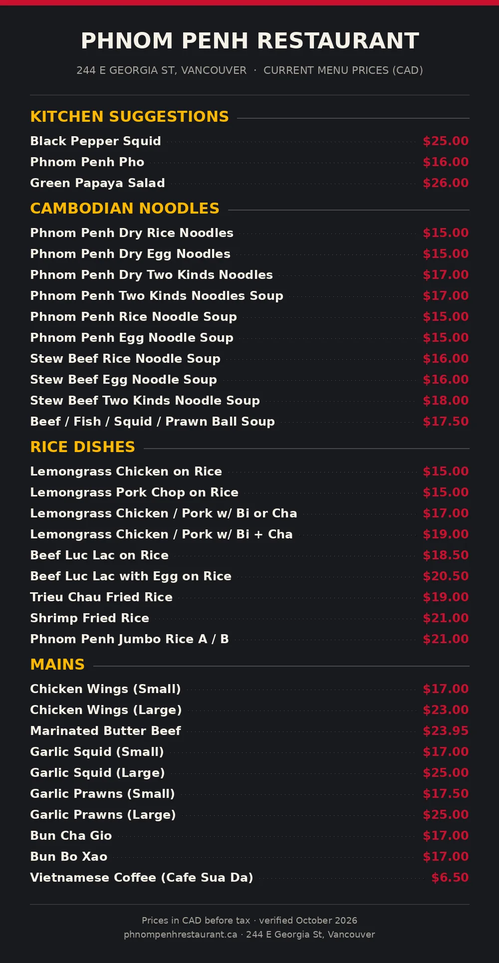 phnom penh menu prices, current Phnom Penh restaurant menu card with noodle, rice dish and mains prices in CAD