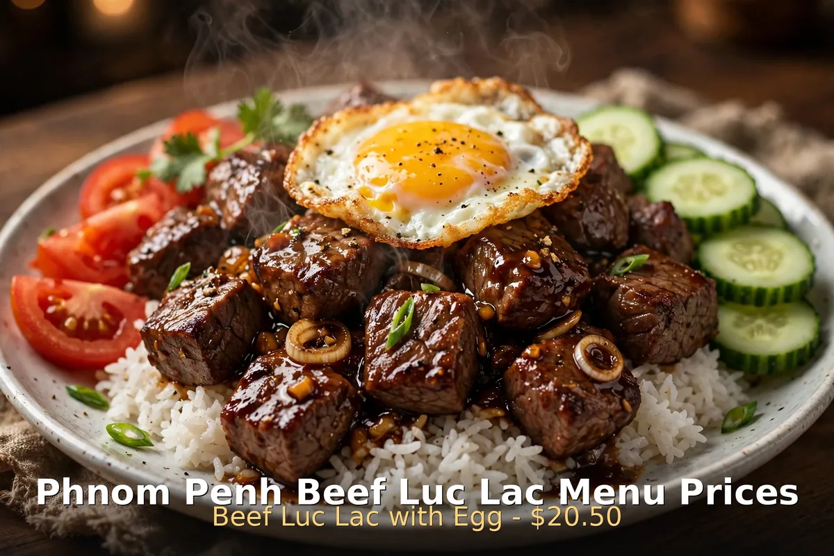phnom penh menu prices, beef luc lac with fried egg over rice with tomato and cucumber