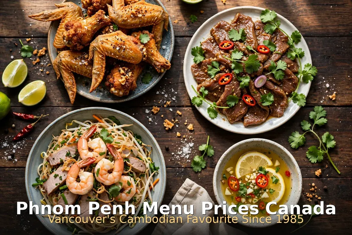 Phnom Penh menu prices Canada: Cambodian spread with deep-fried chicken wings, butter beef, dry noodles and dipping sauce