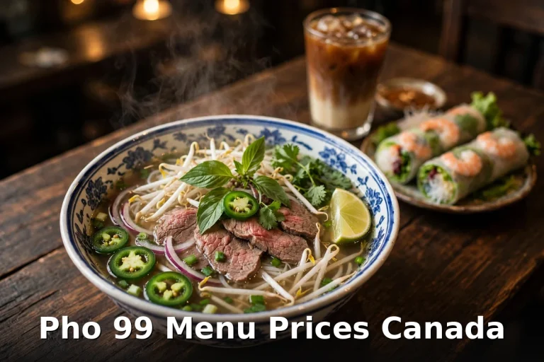 Pho 99 menu prices Canada 2026: steaming bowl of rare beef pho with herbs, bean sprouts, and lime, Pho 99 menu prices