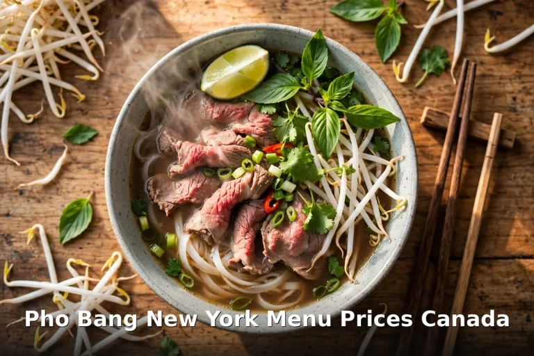 AI-generated steaming beef pho bowl photo with PIL text overlay, pho bang new york menu prices canada 2026