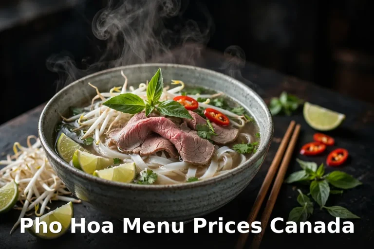 Pho Hoa menu prices Canada 2026: steaming beef pho bowl with herbs and lime