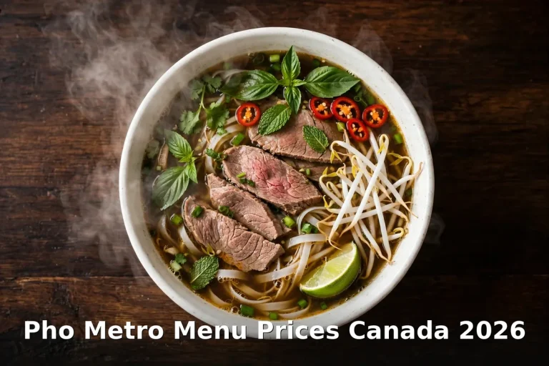 Pho Metro menu prices Canada 2026: AI-generated steaming bowl of Vietnamese beef pho with basil, chili and lime, pho metro menu prices