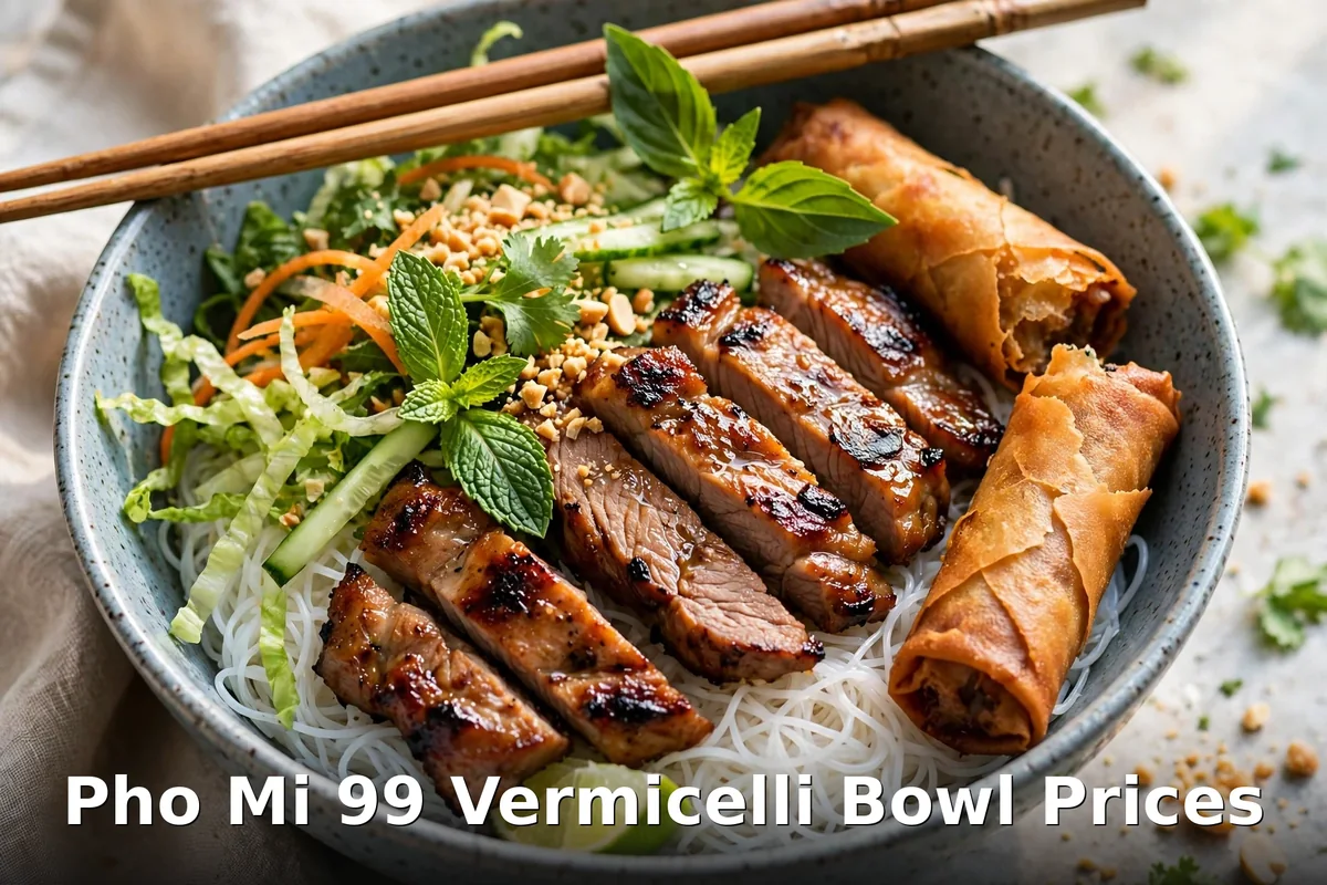 AI-generated Vietnamese vermicelli noodle bowl with grilled pork and spring rolls and PIL keyword overlay, Pho Mi 99 menu prices Canada