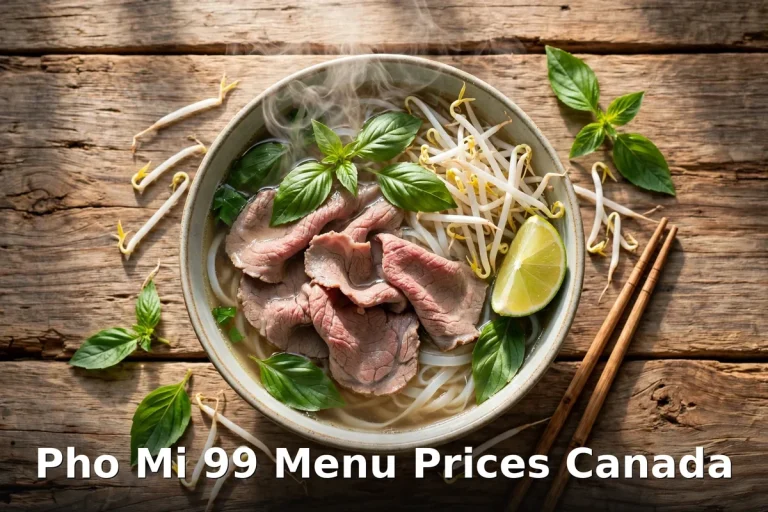 Pho Mi 99 Menu Prices Canada 2026 featured: AI-generated steaming rare-beef pho bowl with basil, bean sprouts and lime and PIL keyword overlay "Pho Mi 99 Menu Prices Canada"