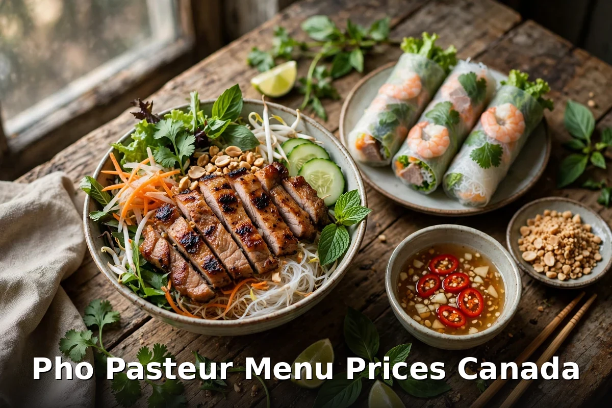 Late night pho bowl with beef balls and fresh herbs at Pho Pasteur Toronto, pho pasteur menu prices canada