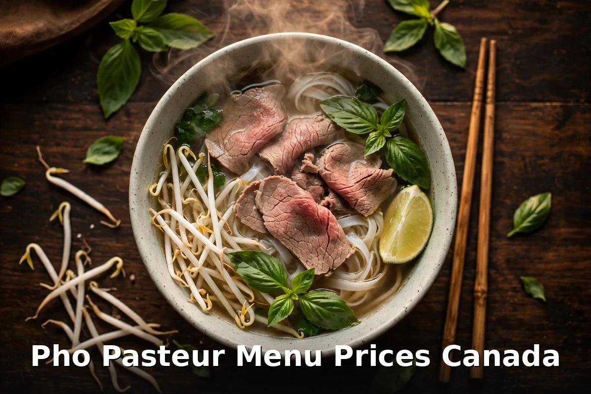 Steaming bowl of pho with beef, herbs and bean sprouts at Pho Pasteur Toronto, pho pasteur menu prices canada 2026