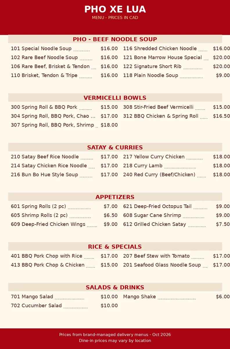 Pho Xe Lua menu card with current prices in CAD
