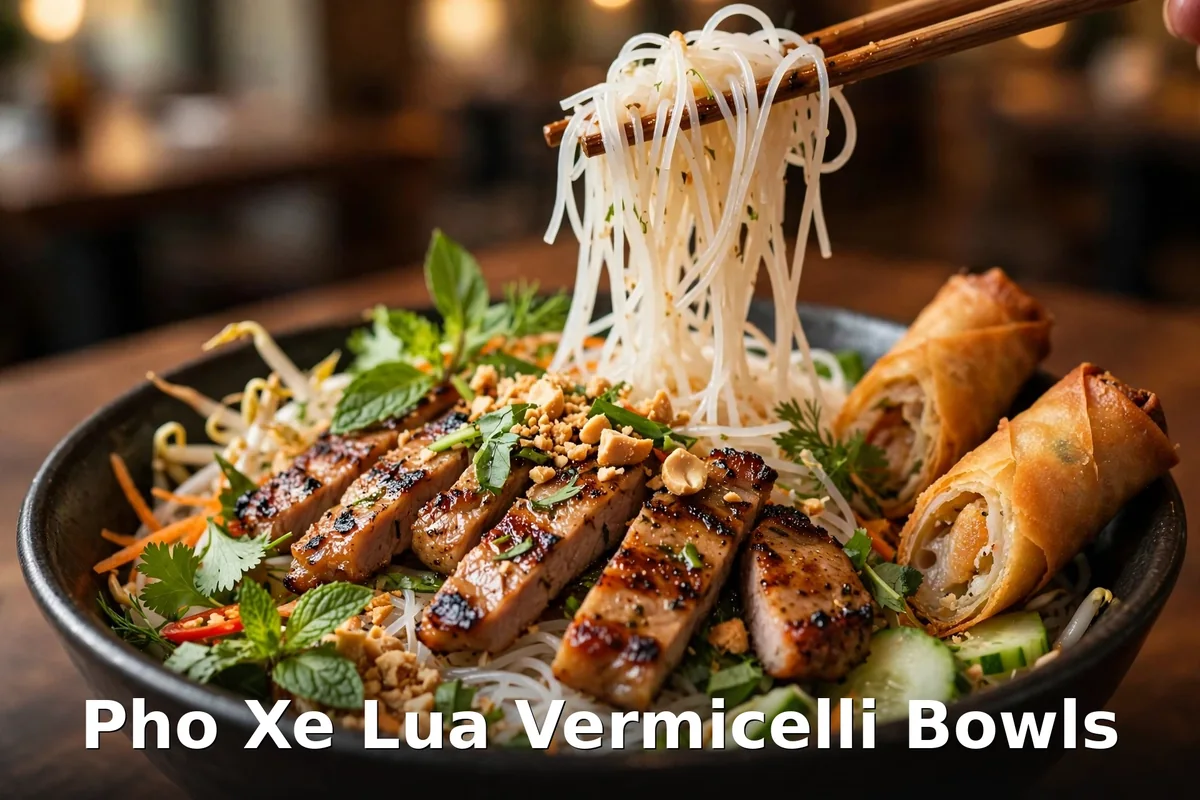 Pho Xe Lua vermicelli bowls - grilled pork and spring rolls