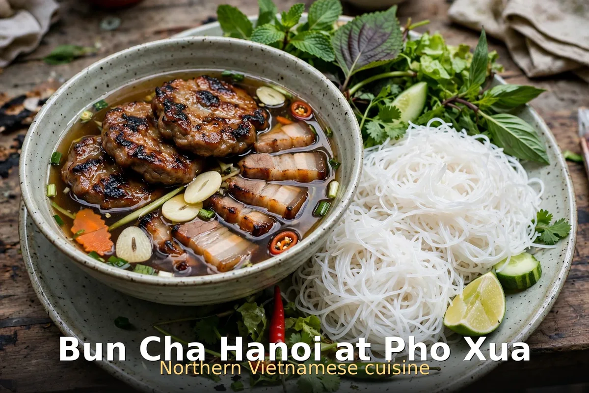 Bun cha Hanoi with charcoal-grilled pork and vermicelli noodles, pho xua menu prices canada