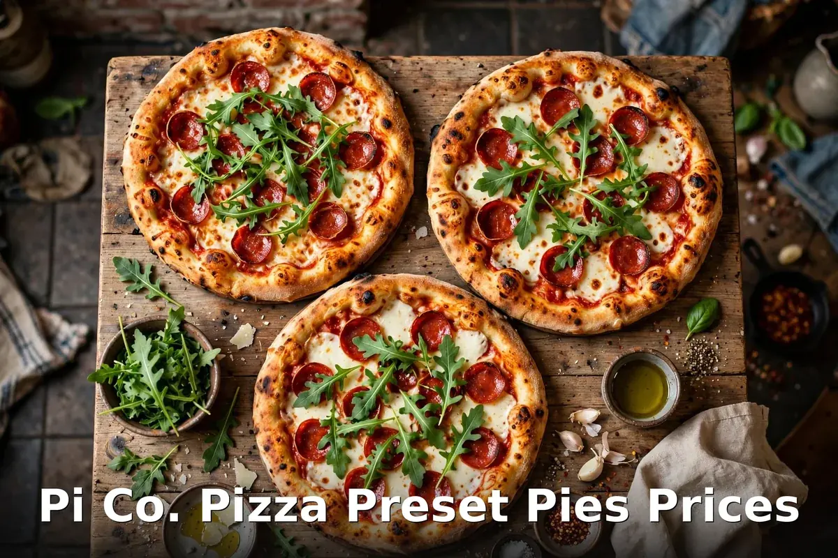 Three pepperoni pizzas with arugula on a rustic wooden board, pi co pizza preset pies prices canada