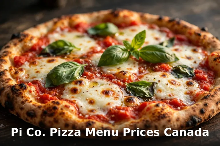 Wood-fired margherita pizza with basil on a dark wood table, pi co pizza menu prices canada