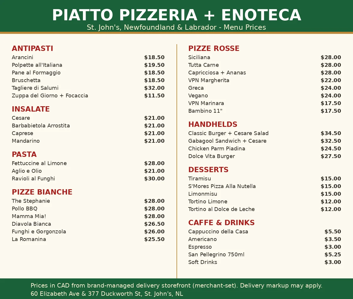 Piatto Pizzeria + Enoteca menu card showing Neapolitan pizza, antipasti, pasta and dessert prices in CAD, Piatto Pizzeria menu prices Canada