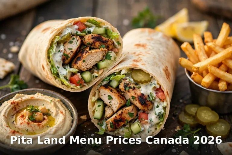 Pita Land menu prices Canada 2026: chicken shawarma wraps with hummus and fries