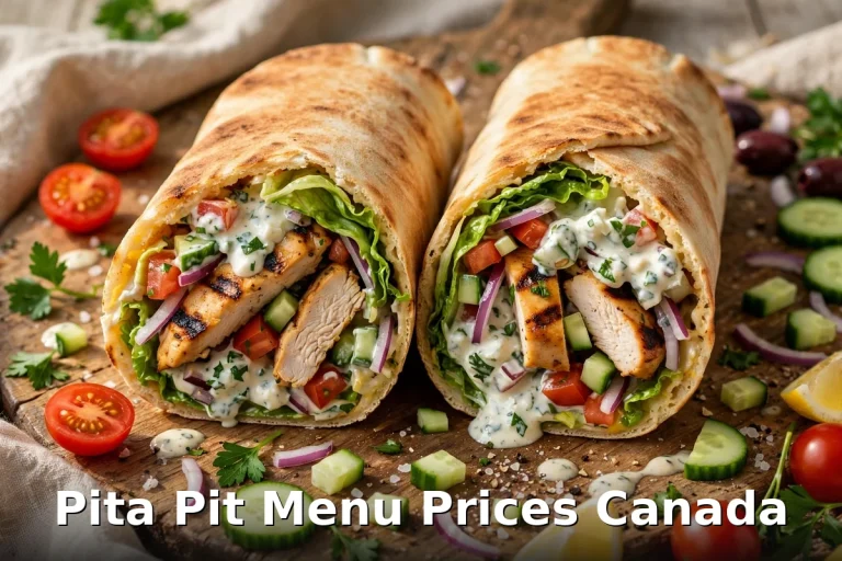 Pita Pit menu prices Canada 2026: grilled chicken pita wraps with fresh vegetables and garlic sauce